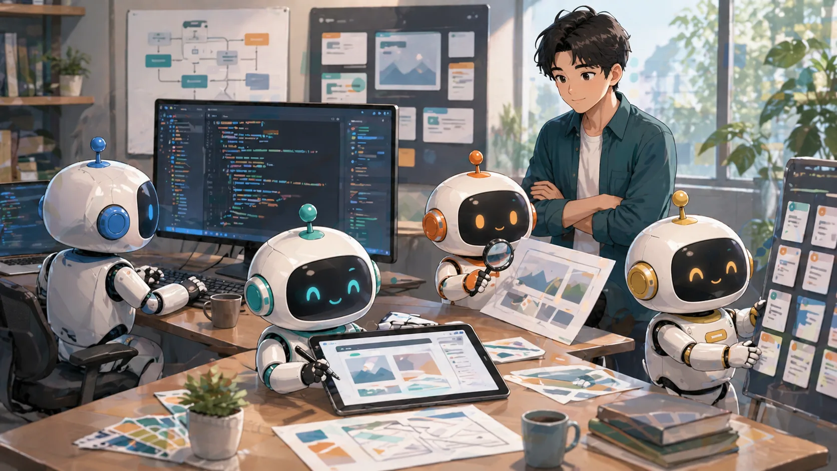 AIエージェントがプログラミングやデザインを分担しているイメージ