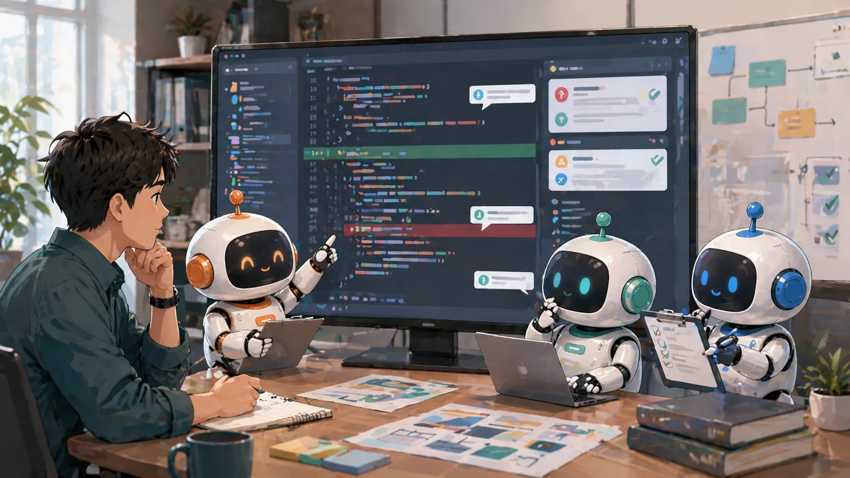 人間とAIエージェントがコードレビューについて話し合っているイメージ