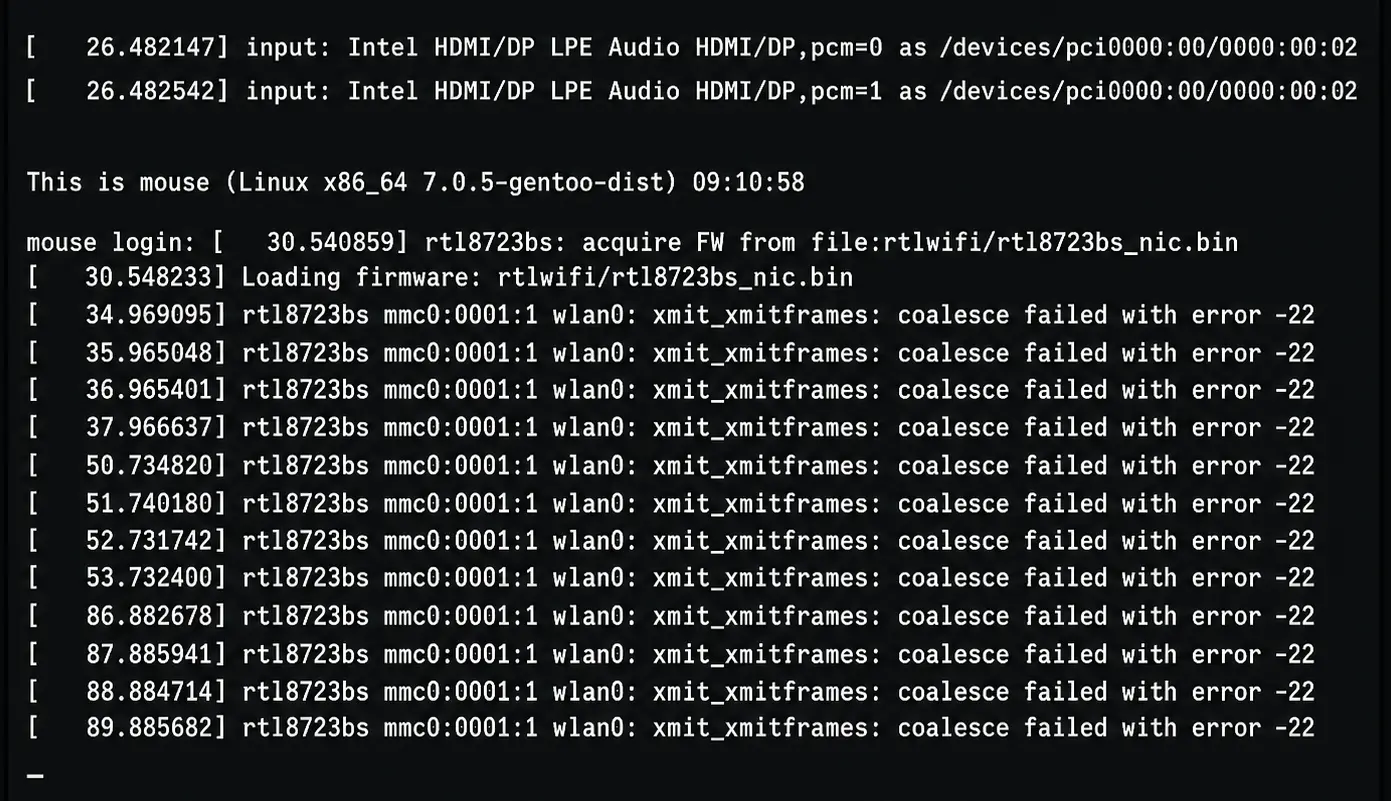 RTL8723BSでcoalesce failed with error -22が繰り返し出ているLinux起動画面